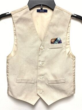 Izod Boys Vest with Pocket Square Size 8 Khaki Beige Formal Suit Wedding Cotton